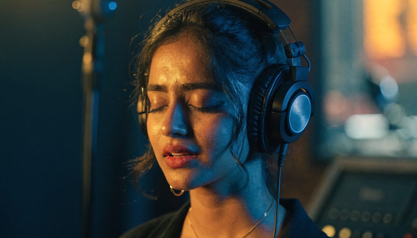 A singer hearing her own voice on studio headphones for the first time